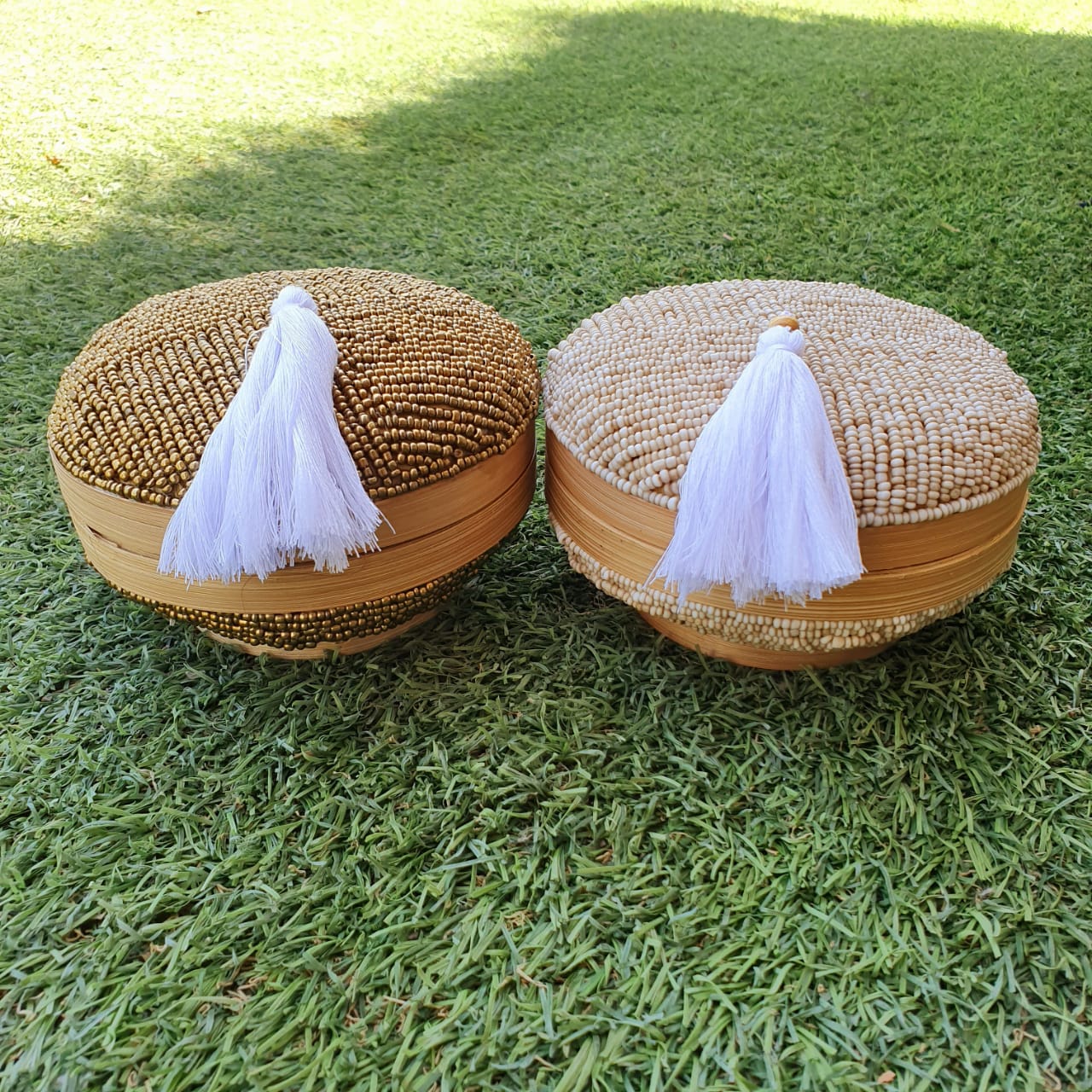 Handwoven Bamboo Round Storage Box Set of 2 with Tassel Lid｜Natural Decorative Organizer｜Boho Home Storage Baskets