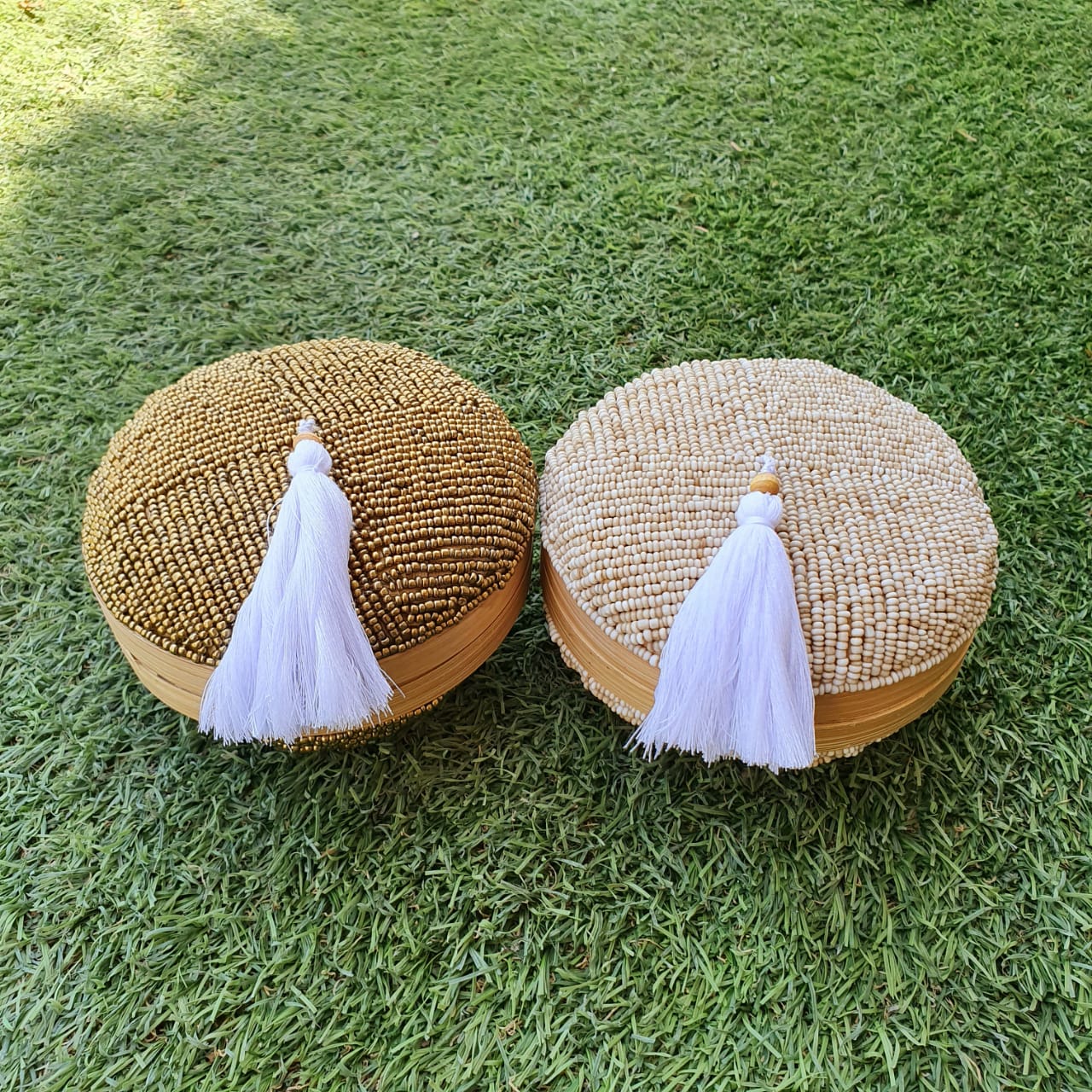 Handwoven Bamboo Round Storage Box Set of 2 with Tassel Lid｜Natural Decorative Organizer｜Boho Home Storage Baskets