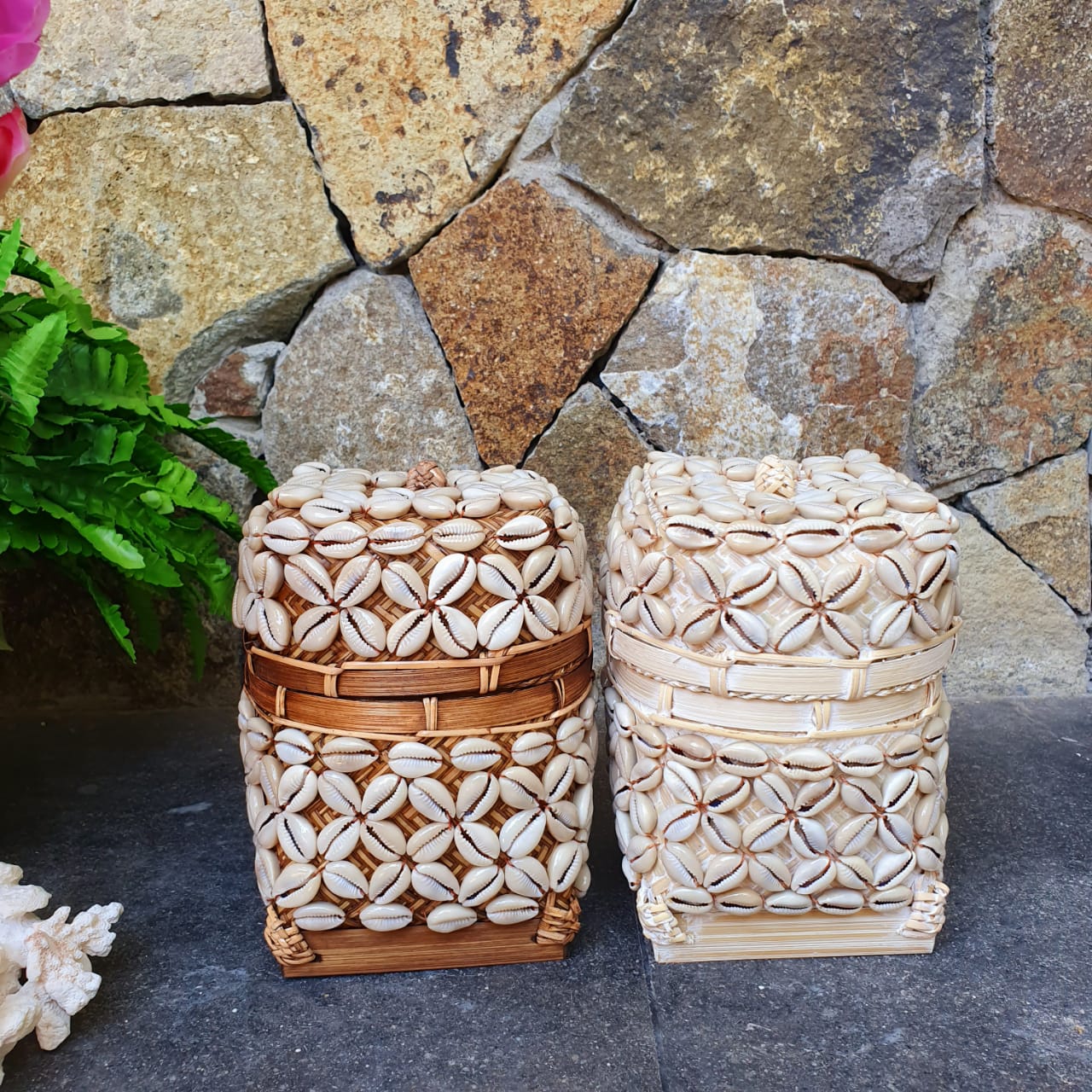 Handwoven Square Shell Storage Box Set of 2｜Boho Rattan Organizer｜Natural Decorative Basket for Home & Jewelry Storage