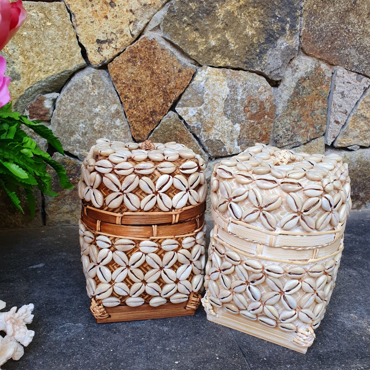 Handwoven Square Shell Storage Box Set of 2｜Boho Rattan Organizer｜Natural Decorative Basket for Home & Jewelry Storage